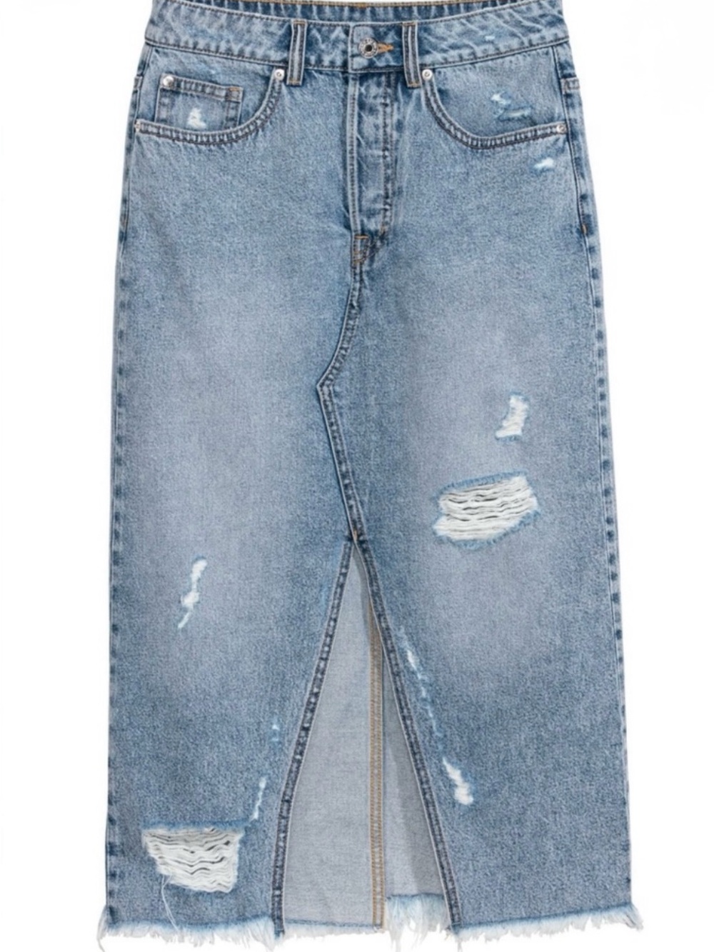H&M &Denim Light Wash Distressed Denim Midi Skirt - Size US 4 (EUR 34)